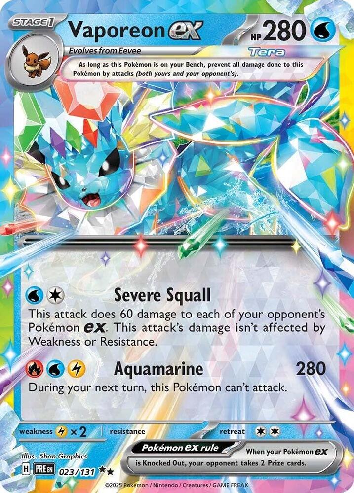 Buy Pokemon cards Australia - Vaporeon EX 023/131 - Premium Raw Card from Monster Mart - Pokémon Card Emporium - Shop now at Monster Mart - Pokémon Cards Australia. Double Rare, EX, NEW 22 Jan, Prismatic Evolutions