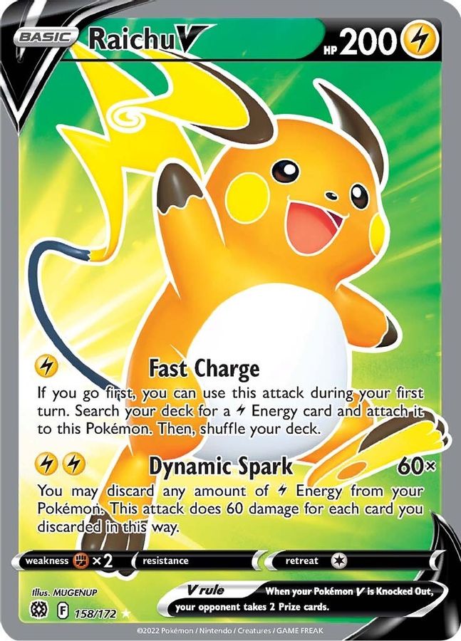Buy Pokemon cards Australia - Raichu V Full Art 158/172 - Premium Raw Card from Monster Mart - Pokémon Card Emporium - Shop now at Monster Mart - Pokémon Cards Australia. Brilliant Stars, Full Art, MMB10