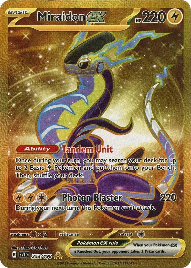 Buy Pokemon cards Australia - Miraidon EX 253/198 - Premium Raw Card from Monster Mart - Pokémon Card Emporium - Shop now at Monster Mart - Pokémon Cards Australia. EX, Gold, Hyper Rare, Scarlet & Violet, Scarlet & Violet Base Set, Secret Rare