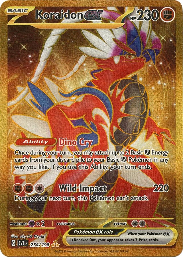 Buy Pokemon cards Australia - Koraidon EX 254/198 - Premium Raw Card from Monster Mart - Pokémon Card Emporium - Shop now at Monster Mart - Pokémon Cards Australia. Gold, Hyper Rare, Scarlet & Violet, Scarlet & Violet Base Set