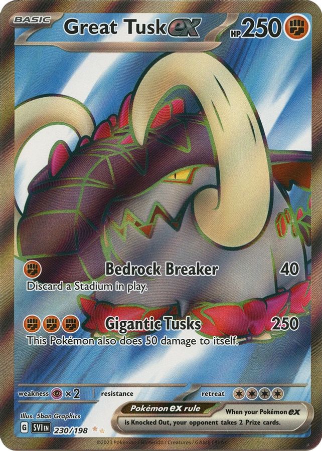 Buy Pokemon cards Australia - Great Tusk EX 230/198 - Premium Raw Card from Monster Mart - Pokémon Card Emporium - Shop now at Monster Mart - Pokémon Cards Australia. EX, MMB20, Scarlet & Violet, Scarlet & Violet Base Set