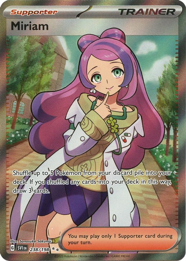 Buy Pokemon cards Australia - Miriam 238/198 - Premium Raw Card from Monster Mart - Pokémon Card Emporium - Shop now at Monster Mart - Pokémon Cards Australia. MMB20, Scarlet & Violet, Scarlet & Violet Base Set, Trainer, UItra Rare
