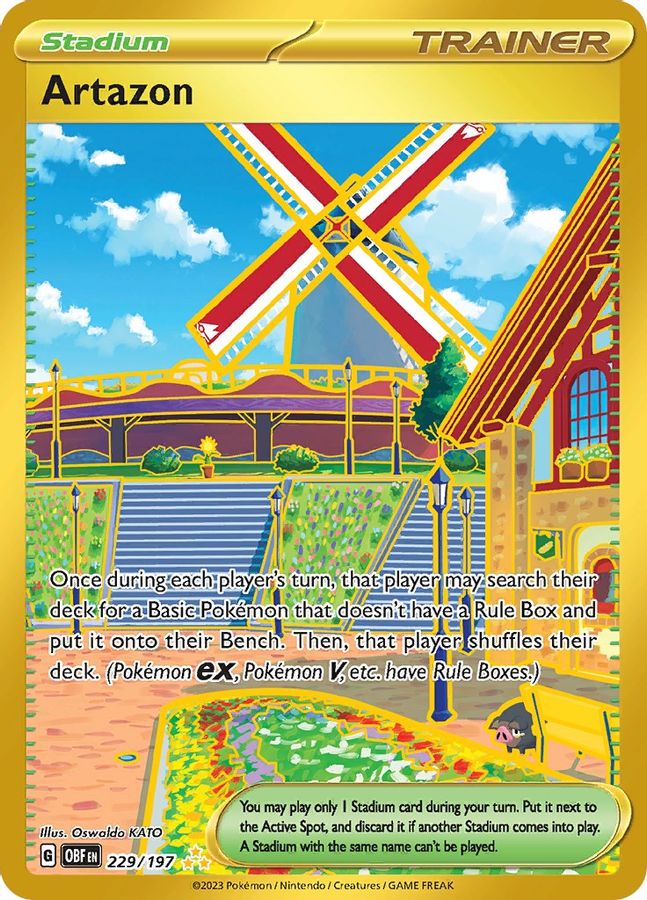 Buy Pokemon cards Australia - Artazon 229/197 - Premium Raw Card from Monster Mart - Pokémon Card Emporium - Shop now at Monster Mart - Pokémon Cards Australia. Gold, Hyper Rare, MMB20, Obsidian Flames, Trainer