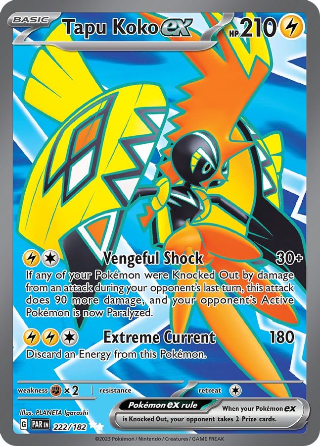 Buy Pokemon cards Australia - Tapu Koko EX 222/182 - Premium Raw Card from Monster Mart - Pokémon Card Emporium - Shop now at Monster Mart - Pokémon Cards Australia. Paradox Rift, Ultra Rare