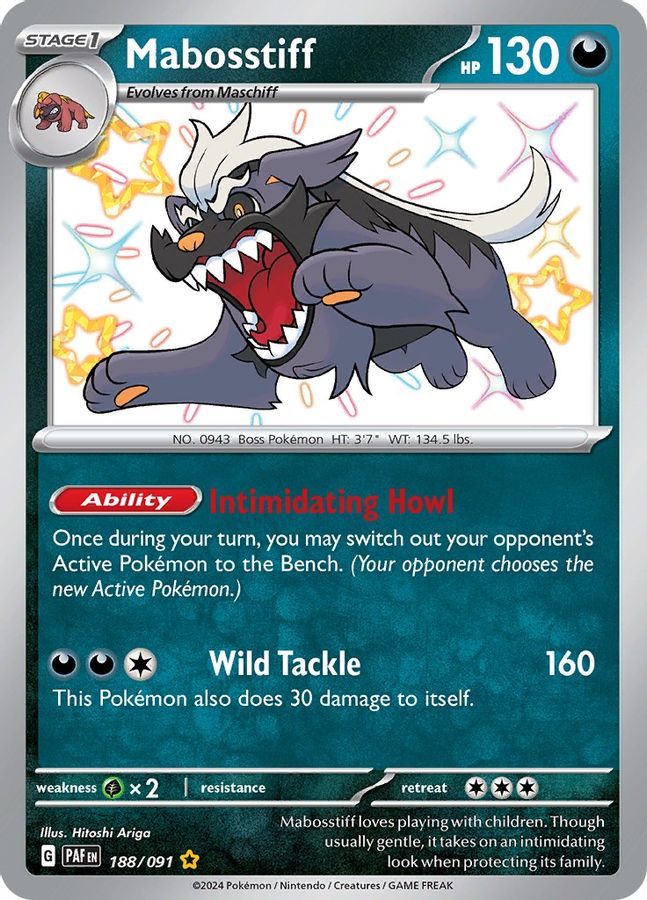 Buy Pokemon cards Australia - Mabosstiff 188/091 - Premium Raw Card from Monster Mart - Pokémon Card Emporium - Shop now at Monster Mart - Pokémon Cards Australia. Baby Shiny, MMB10, New 27 Feb, Paldean Fates, Shiny Rare
