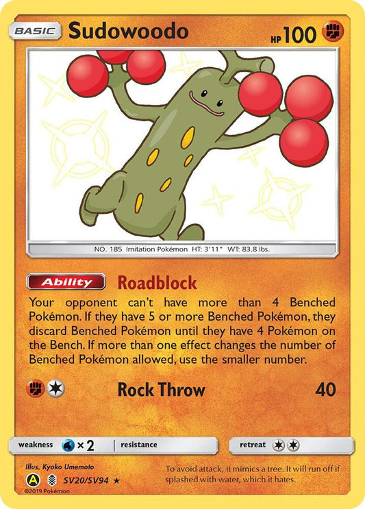 Buy Pokemon cards Australia - Sudowoodo SV20/SV94 - Premium Raw Card from Monster Mart - Pokémon Card Emporium - Shop now at Monster Mart - Pokémon Cards Australia. Baby Shiny, Hidden Fates, NEW 6 MAR, Shiny Holo Rare, Shiny Vault