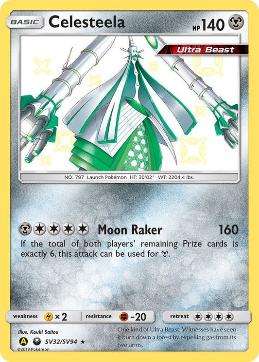 Buy Pokemon cards Australia - Celesteela SV32/SV94 - Premium Raw Card from Monster Mart - Pokémon Card Emporium - Shop now at Monster Mart - Pokémon Cards Australia. Baby Shiny, Hidden Fates, NEW 6 MAR, Shiny Holo Rare, Shiny Vault
