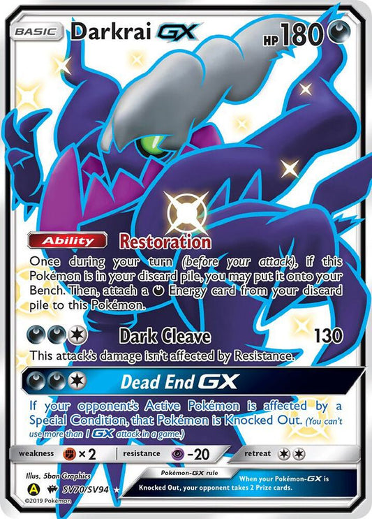 Buy Pokemon cards Australia - Darkrai GX SV70/SV94 - Premium Raw Card from Monster Mart - Pokémon Card Emporium - Shop now at Monster Mart - Pokémon Cards Australia. GX, Hidden Fates, NEW 6 MAR, Shiny Holo Rare, Shiny Vault