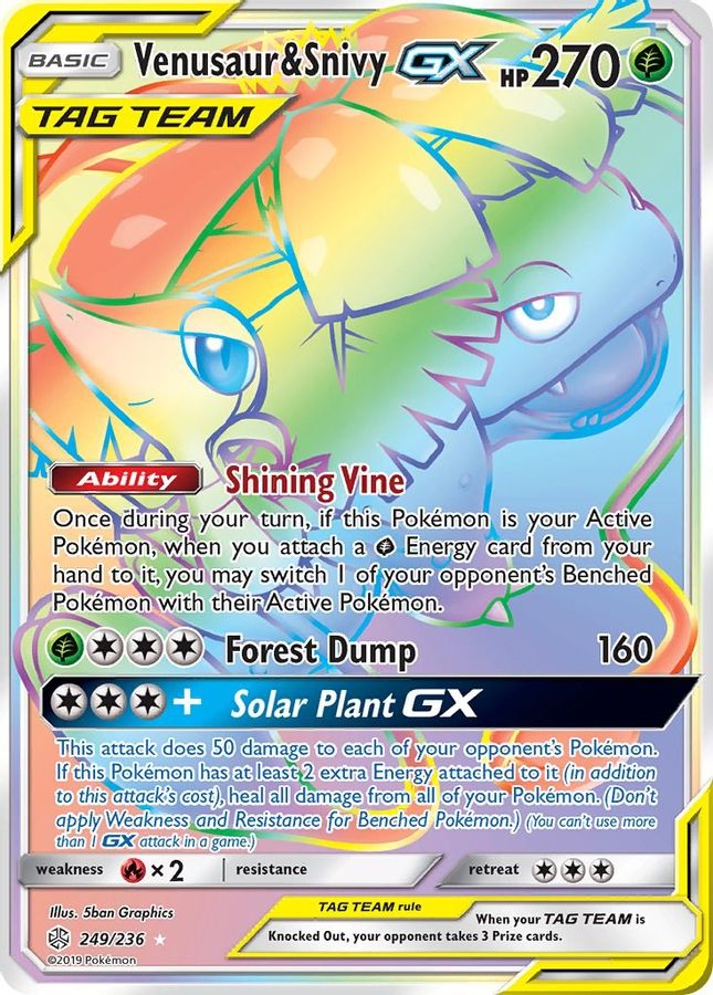 Buy Pokemon cards Australia - Venusaur & Snivy GX 249/236 - Premium Raw Card from Monster Mart - Pokémon Card Emporium - Shop now at Monster Mart - Pokémon Cards Australia. Cosmic Eclipse, GX, NEW 8 May, Rainbow, Secret Rare, Tag Team