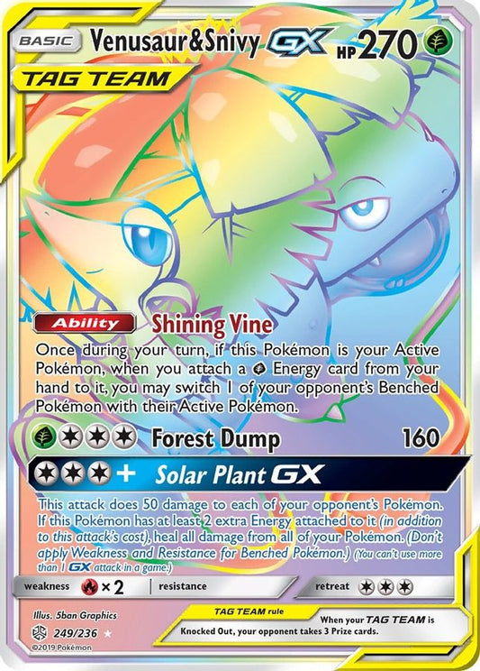 Buy Pokemon cards Australia - Venusaur & Snivy GX 249/236 - Premium Raw Card from Monster Mart - Pokémon Card Emporium - Shop now at Monster Mart - Pokémon Cards Australia. Cosmic Eclipse, GX, NEW 8 May, Rainbow, Secret Rare, Tag Team