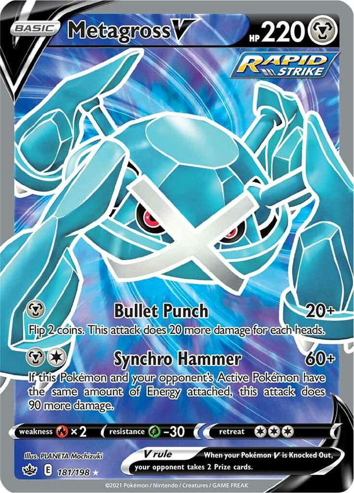 Buy Pokemon cards Australia - Metagross V 181/198 - Premium Raw Card from Monster Mart - Pokémon Card Emporium - Shop now at Monster Mart - Pokémon Cards Australia. Chilling Reign, Full Art, NEW 11 Feb, Ultra Rare