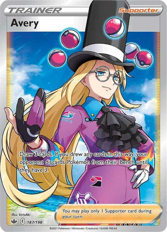 Buy Pokemon cards Australia - Avery 187/198 - Premium Raw Card from Monster Mart - Pokémon Card Emporium - Shop now at Monster Mart - Pokémon Cards Australia. Chilling Reign, NEW 11 Feb, Trainer, Ultra Rare