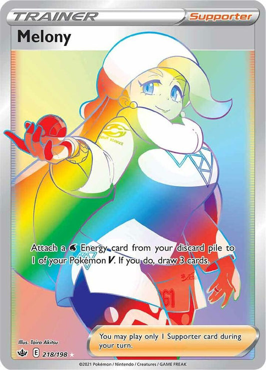 Buy Pokemon cards Australia - Melony 218/198 - Premium Raw Card from Monster Mart - Pokémon Card Emporium - Shop now at Monster Mart - Pokémon Cards Australia. Chilling Reign, NEW 11 Feb, Rainbow, Secret Rare, Trainer