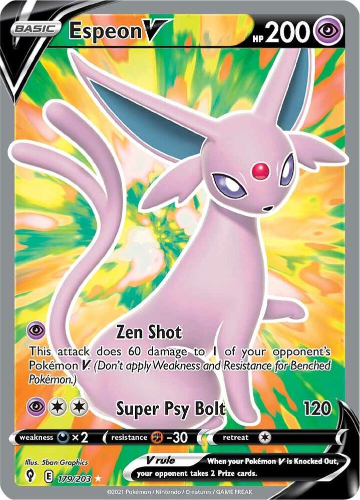 Buy Pokemon cards Australia - Espeon V 179/203 - Premium Raw Card from Monster Mart - Pokémon Card Emporium - Shop now at Monster Mart - Pokémon Cards Australia. Evolving Skies, Full Art, New 28 MAR, Ultra Rare