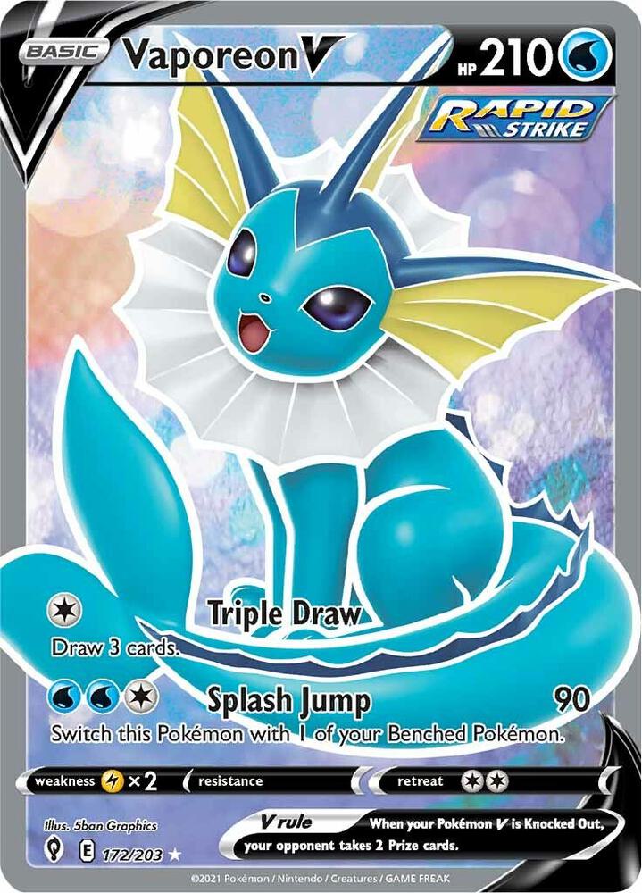 Buy Pokemon cards Australia - Vaporeon V 172/203 - Premium Raw Card from Monster Mart - Pokémon Card Emporium - Shop now at Monster Mart - Pokémon Cards Australia. Evolving Skies, Full Art, New 28 MAR, Ultra Rare