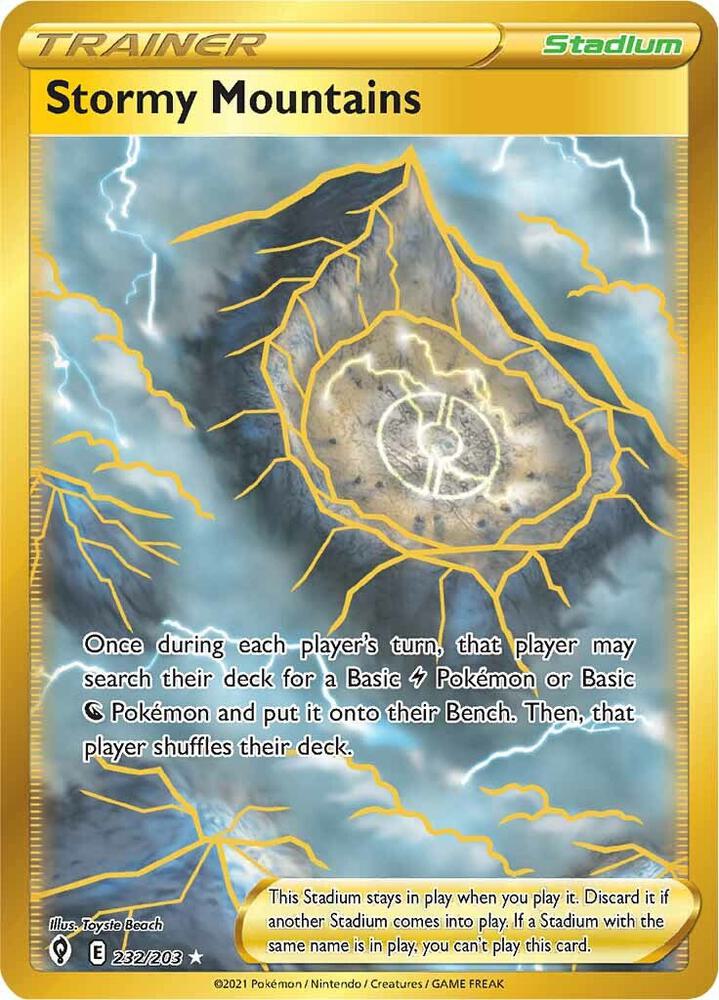 Buy Pokemon cards Australia - Stormy Mountains 232/203 - Premium Raw Card from Monster Mart - Pokémon Card Emporium - Shop now at Monster Mart - Pokémon Cards Australia. Evolving Skies, Gold, NEW 5 Dec, Secret Rare, Trainer