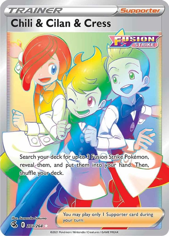 Buy Pokemon cards Australia - Chili & Cilan & Cress 273/264 - Premium Raw Card from Monster Mart - Pokémon Card Emporium - Shop now at Monster Mart - Pokémon Cards Australia. Fusion Strike, NEW 1 July, Rainbow, Secret Rare, Trainer