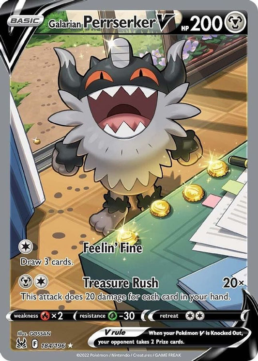 Buy Pokemon cards Australia - Perrserker V 184/196 - Premium Raw Card from Monster Mart - Pokémon Card Emporium - Shop now at Monster Mart - Pokémon Cards Australia. Alt Art, Alternate Art, Alternate Full Art, Lost Origin, NEW 8 May