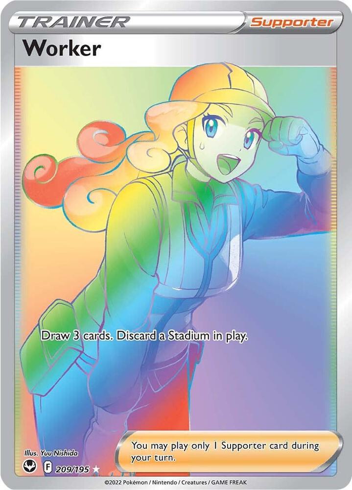 Buy Pokemon cards Australia - Worker 209/195 - Premium Raw Card from Monster Mart - Pokémon Card Emporium - Shop now at Monster Mart - Pokémon Cards Australia. NEW 22 Jan, Rainbow, Secret, Secret Rare, Silver Tempest, Trainer