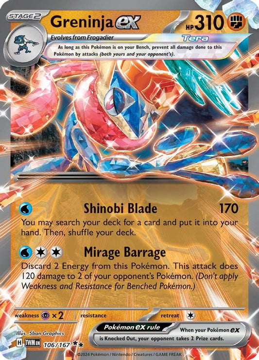 Buy Pokemon cards Australia - Greninja EX 106/167 - Premium Raw Card from Monster Mart - Pokémon Card Emporium - Shop now at Monster Mart - Pokémon Cards Australia. EX, NEW 5 Jun, Twilight Masquerade