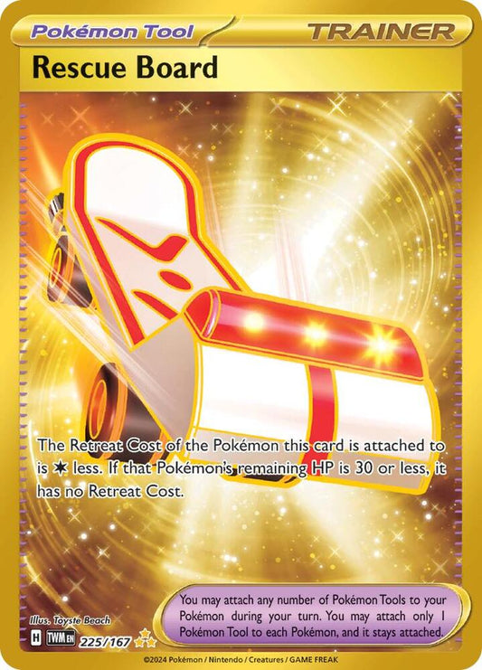 Buy Pokemon cards Australia - Rescue Board 225/167 - Premium Raw Card from Monster Mart - Pokémon Card Emporium - Shop now at Monster Mart - Pokémon Cards Australia. Gold, Hyper Rare, NEW 22 Jan, Trainer, Twilight Masquerade