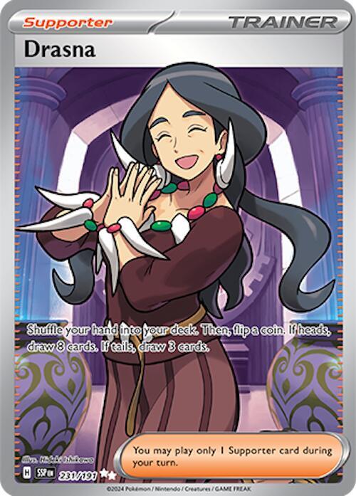 Buy Pokemon cards Australia - Drasna 231/191 - Premium Raw Card from Monster Mart - Pokémon Card Emporium - Shop now at Monster Mart - Pokémon Cards Australia. NEW 13 Dec, Surging Sparks, Trainer, Ultra Rare
