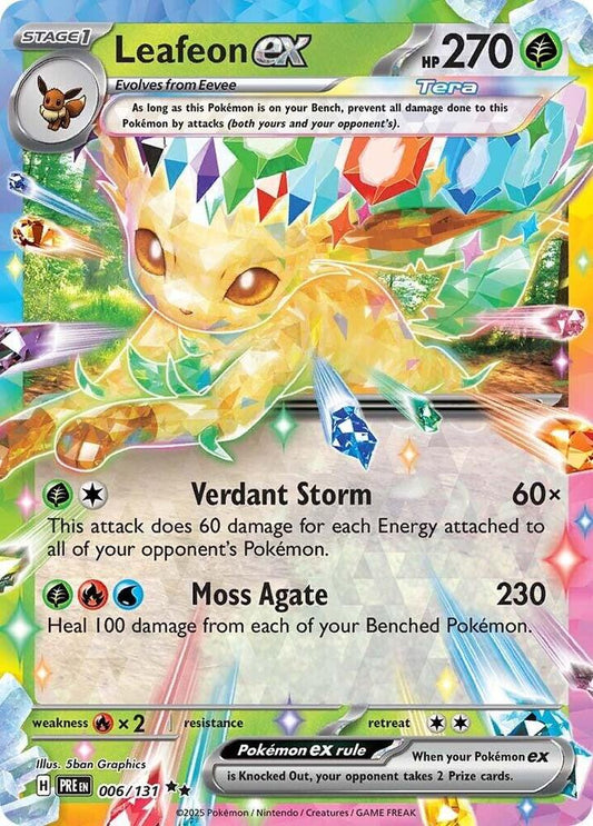 Buy Pokemon cards Australia - Leafeon EX 006/131 - Premium Raw Card from Monster Mart - Pokémon Card Emporium - Shop now at Monster Mart - Pokémon Cards Australia. Double Rare, EX, NEW 11 Feb, Prismatic Evolutions