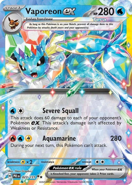 Buy Pokemon cards Australia - Vaporeon EX 023/131 - Premium Raw Card from Monster Mart - Pokémon Card Emporium - Shop now at Monster Mart - Pokémon Cards Australia. Double Rare, EX, NEW 22 Jan, Prismatic Evolutions