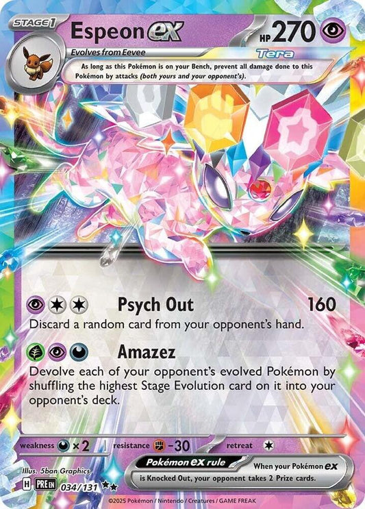 Buy Pokemon cards Australia - Espeon EX 034/131 - Premium Raw Card from Monster Mart - Pokémon Card Emporium - Shop now at Monster Mart - Pokémon Cards Australia. Double Rare, EX, NEW 30 Apr, Prismatic Evolutions