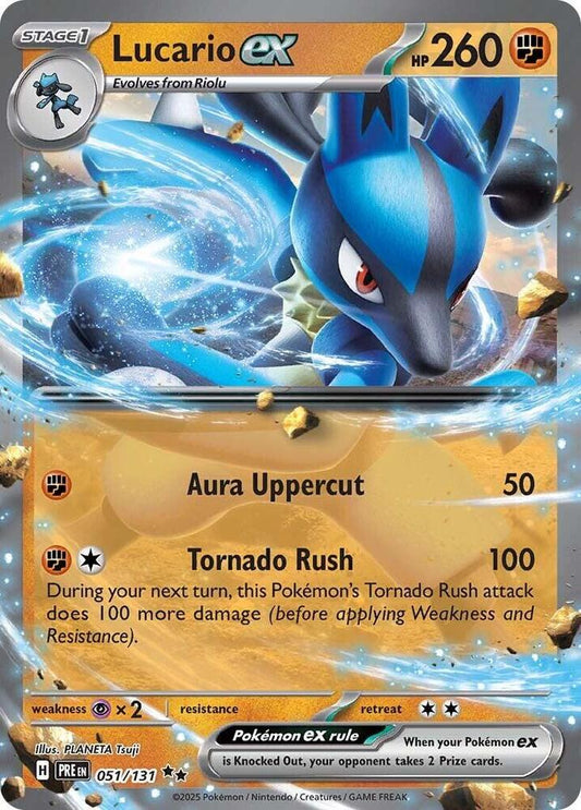 Buy Pokemon cards Australia - Lucario EX 051/131 - Premium Raw Card from Monster Mart - Pokémon Card Emporium - Shop now at Monster Mart - Pokémon Cards Australia. Double Rare, EX, NEW 22 Jan, Prismatic Evolutions
