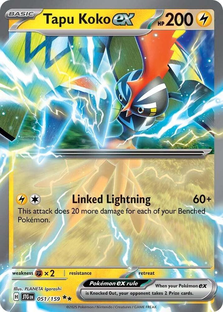 Buy Pokemon cards Australia - Tapu Koko EX 051/159 - Premium Raw Card from Monster Mart - Pokémon Card Emporium - Shop now at Monster Mart - Pokémon Cards Australia. Double Rare, EX, Journey Together, NEW 14 Apr