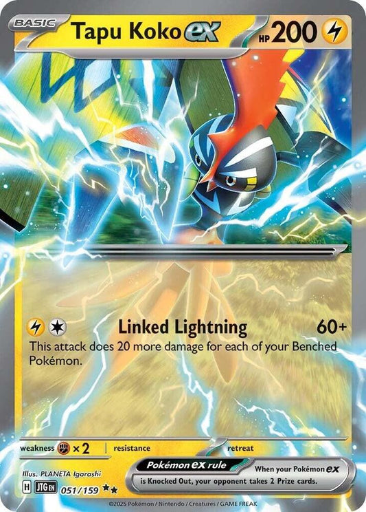 Buy Pokemon cards Australia - Tapu Koko EX 051/159 - Premium Raw Card from Monster Mart - Pokémon Card Emporium - Shop now at Monster Mart - Pokémon Cards Australia. Double Rare, EX, Journey Together, NEW 14 Apr