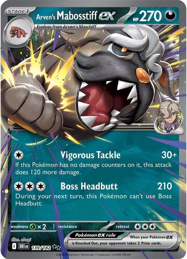 Arven's Mabosstiff EX 139/182 - Monster Mart - Pokémon Cards Australia