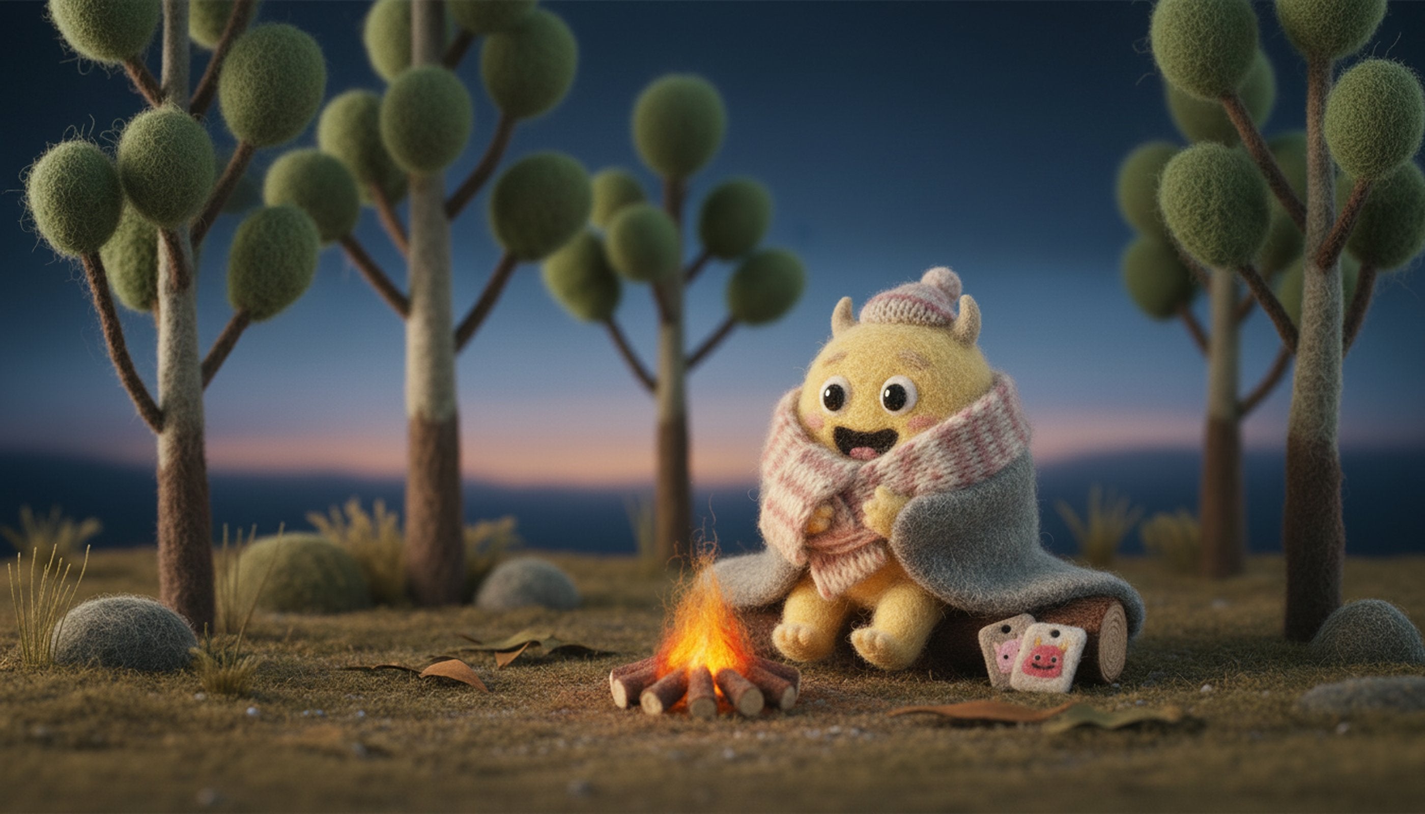 Monster Mart monster toasting by a campfire in a felt winter bush diorama