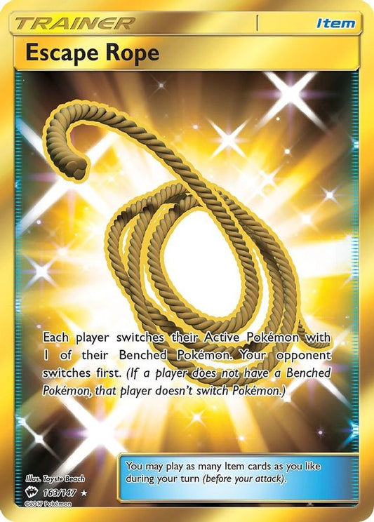 Buy Pokemon cards Australia - Escape Rope 163/147 - Premium Raw Card from Monster Mart - Pokémon Card Emporium - Shop now at Monster Mart - Pokémon Cards Australia. Burning Shadows, Gold, MMB10, New 18 Mar, Secret Rare, Trainer