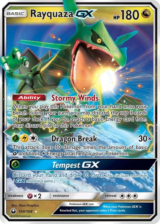 Buy Pokemon cards Australia - Rayquaza GX 109/168 - Premium Raw Card from Monster Mart - Pokémon Card Emporium - Shop now at Monster Mart - Pokémon Cards Australia. Celestial Storm, GX