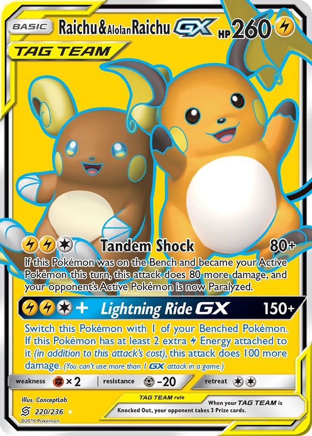 Buy Pokemon cards Australia - Raichu & Alolan Raichu GX 220/236 - Premium Raw Card from Monster Mart - Pokémon Card Emporium - Shop now at Monster Mart - Pokémon Cards Australia. Full Art, GX, Tag Team, Unified Minds