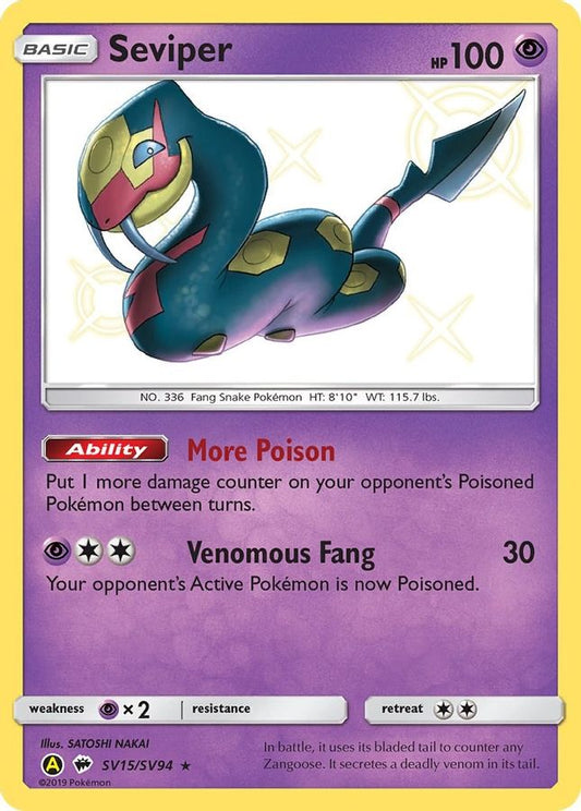 Buy Pokemon cards Australia - Seviper SV15/SV94 - Premium Raw Card from Monster Mart - Pokémon Card Emporium - Shop now at Monster Mart - Pokémon Cards Australia. Hidden Fates, Holo, Shiny Vault
