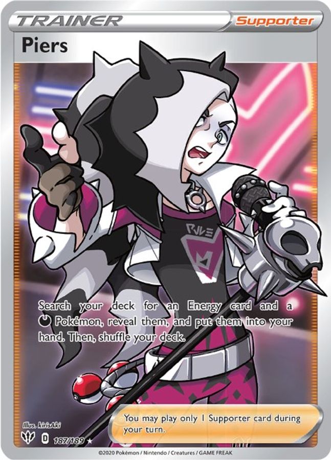 Buy Pokemon cards Australia - Piers 187/189 - Premium Raw Card from Monster Mart - Pokémon Card Emporium - Shop now at Monster Mart - Pokémon Cards Australia. Darkness Ablaze, Full Art, Trainer