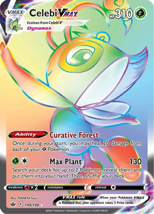 Buy Pokemon cards Australia - Celebi VMAX 199/198 - Premium Raw Card from Monster Mart - Pokémon Card Emporium - Shop now at Monster Mart - Pokémon Cards Australia. BF20, Chilling Reign, Rainbow, Secret Rare