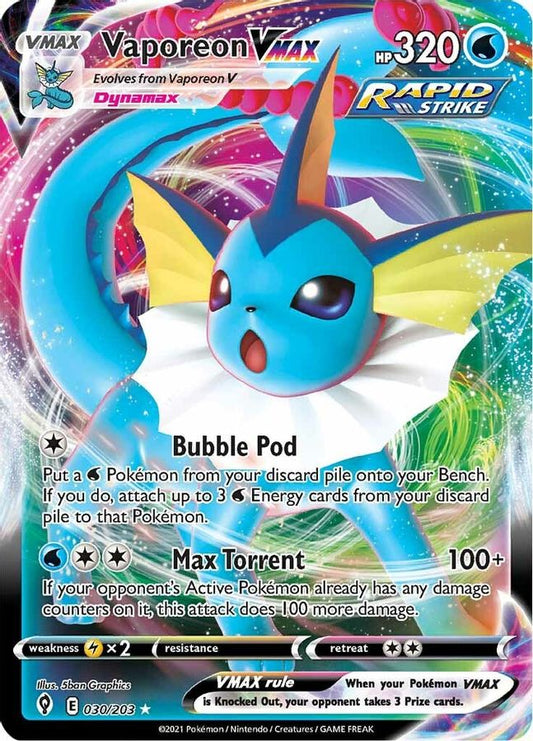 Buy Pokemon cards Australia - Vaporeon VMAX 030/203 - Premium Raw Card from Monster Mart - Pokémon Card Emporium - Shop now at Monster Mart - Pokémon Cards Australia. Evolving Skies, VMAX
