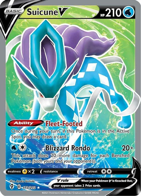 Buy Pokemon cards Australia - Suicune V 173/203 - Premium Raw Card from Monster Mart - Pokémon Card Emporium - Shop now at Monster Mart - Pokémon Cards Australia. BF20, Evolving Skies, Full Art, Ultra Rare