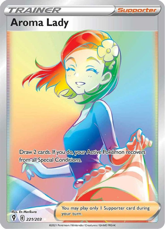 Buy Pokemon cards Australia - Aroma Lady 221/203 - Premium Raw Card from Monster Mart - Pokémon Card Emporium - Shop now at Monster Mart - Pokémon Cards Australia. Evolving Skies, Rainbow, Secret Rare, Trainer