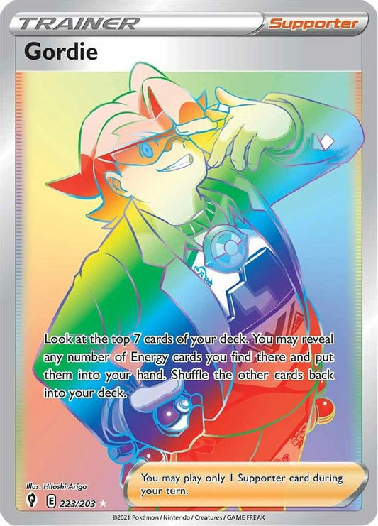 Buy Pokemon cards Australia - Gordie 223/203 - Premium Raw Card from Monster Mart - Pokémon Card Emporium - Shop now at Monster Mart - Pokémon Cards Australia. Evolving Skies, Rainbow, Secret Rare, Trainer