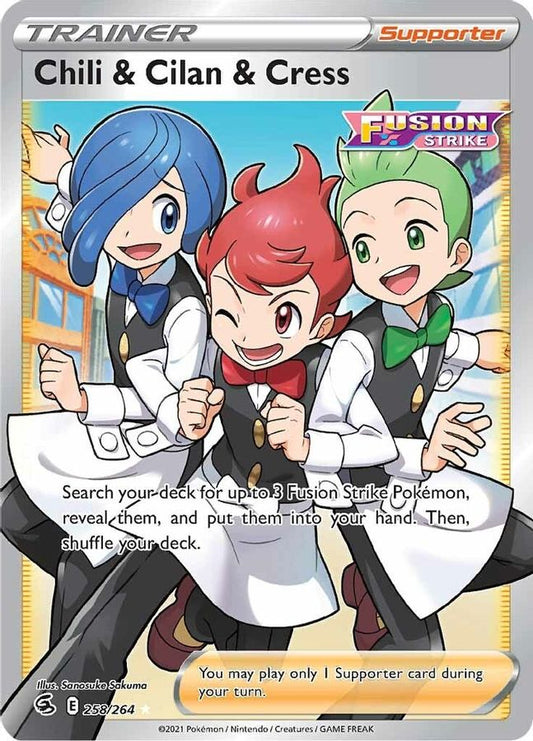 Buy Pokemon cards Australia - Chili & Cilan & Cress Trainer 258/264 - Premium Raw Card from Monster Mart - Pokémon Card Emporium - Shop now at Monster Mart - Pokémon Cards Australia. Fusion Strike, Trainer