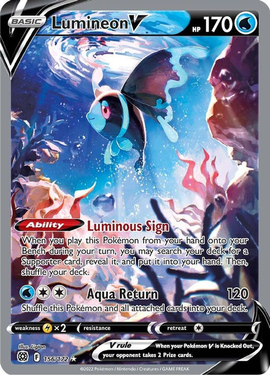 Buy Pokemon cards Australia - Lumineon V 156/172 - Premium Raw Card from Monster Mart - Pokémon Card Emporium - Shop now at Monster Mart - Pokémon Cards Australia. Alt Art, Brilliant Stars, Ultra Rare