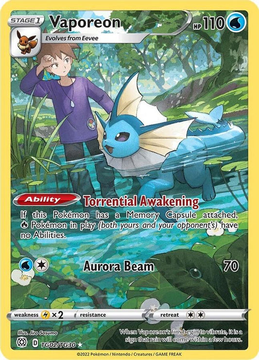 Buy Pokemon cards Australia - Vaporeon TG02/TG30 - Premium Raw Card from Monster Mart - Pokémon Card Emporium - Shop now at Monster Mart - Pokémon Cards Australia. Brilliant Stars, Trainer Gallery
