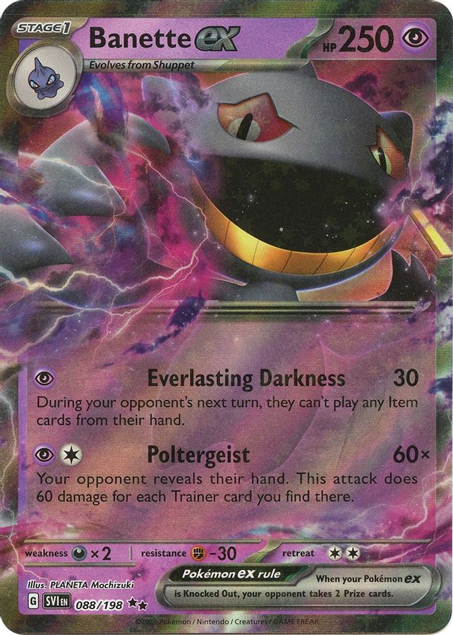 Buy Pokemon cards Australia - Banette EX 088/198 - Premium Raw Card from Monster Mart - Pokémon Card Emporium - Shop now at Monster Mart - Pokémon Cards Australia. EX, MMB50, Scarlet & Violet, Scarlet & Violet Base Set