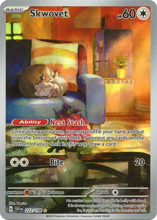 Buy Pokemon cards Australia - Skwovet 222/198 - Premium Raw Card from Monster Mart - Pokémon Card Emporium - Shop now at Monster Mart - Pokémon Cards Australia. Illustration Rare, Scarlet & Violet, Scarlet & Violet Base Set