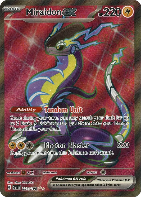 Buy Pokemon cards Australia - Miraidon EX 227/198 - Premium Raw Card from Monster Mart - Pokémon Card Emporium - Shop now at Monster Mart - Pokémon Cards Australia. EX, Full Art, Scarlet & Violet, Scarlet & Violet Base Set